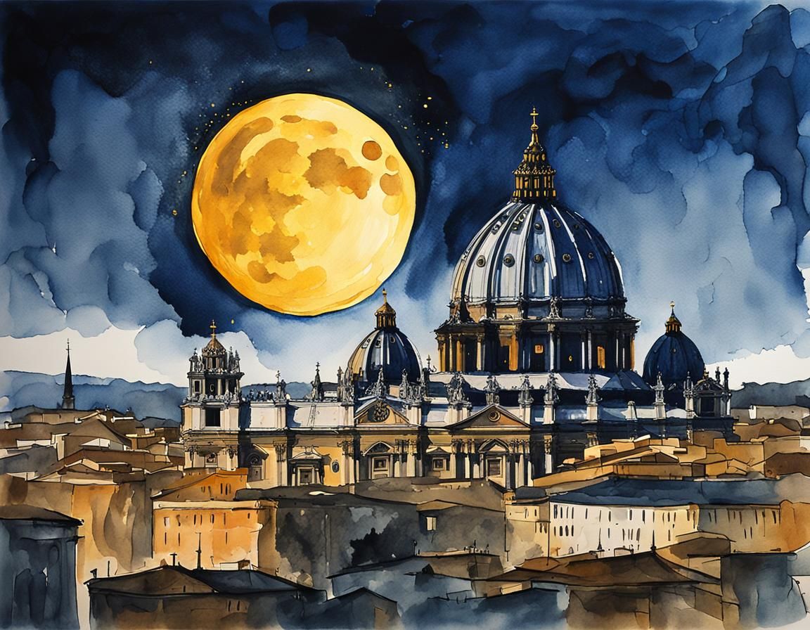 Golden Moon Over Vatican City in Post-Impressionist Style