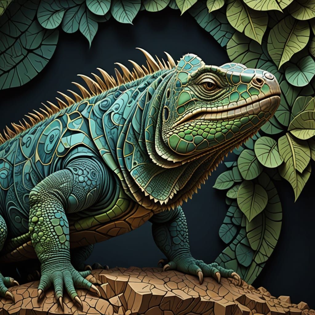 Rhinoceros Iguana Emerges from Wall in Fractal Vector Art