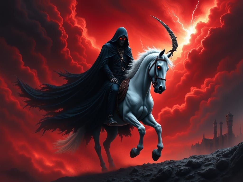 Grim Reaper Rides Pale Horse in Dramatic Fantasy Painting