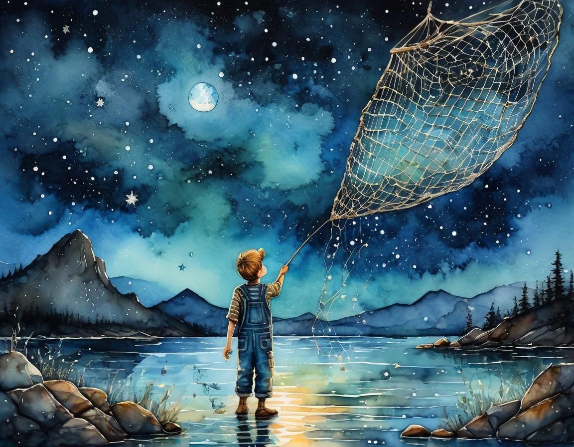 Boy Collects Stars with Fishing Net, Watercolor Art