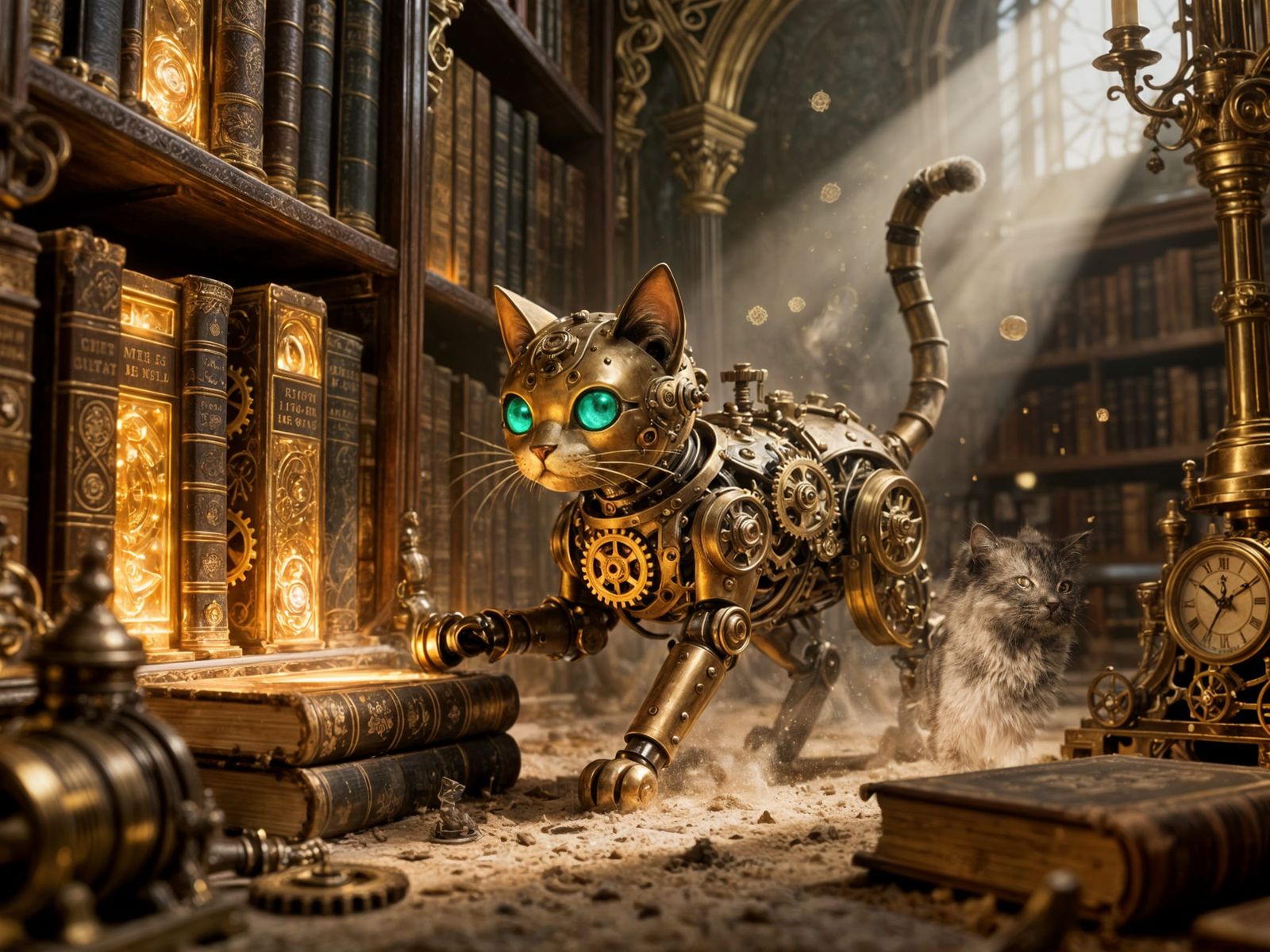 Steampunk Automaton Cat Explores Dusty Library