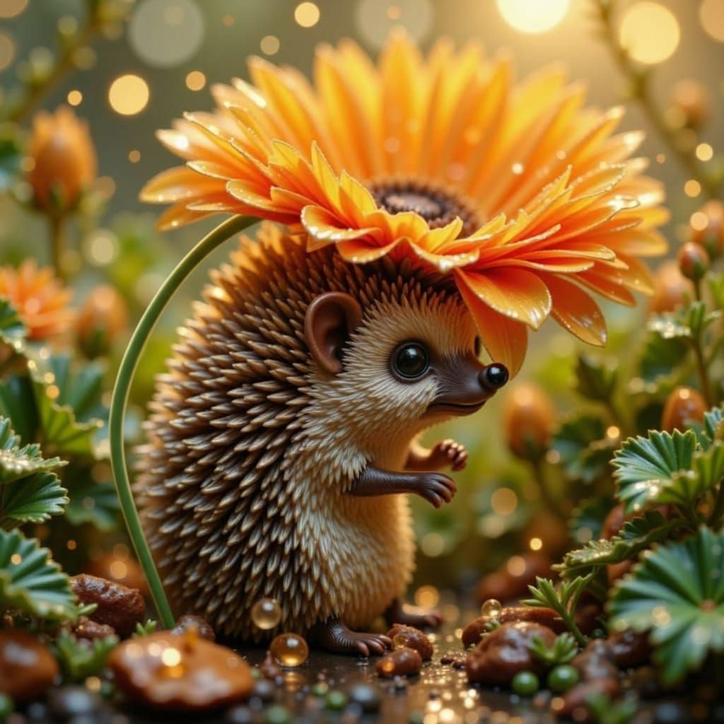Hedgehog Shelters Under Daisy in Golden Rain
