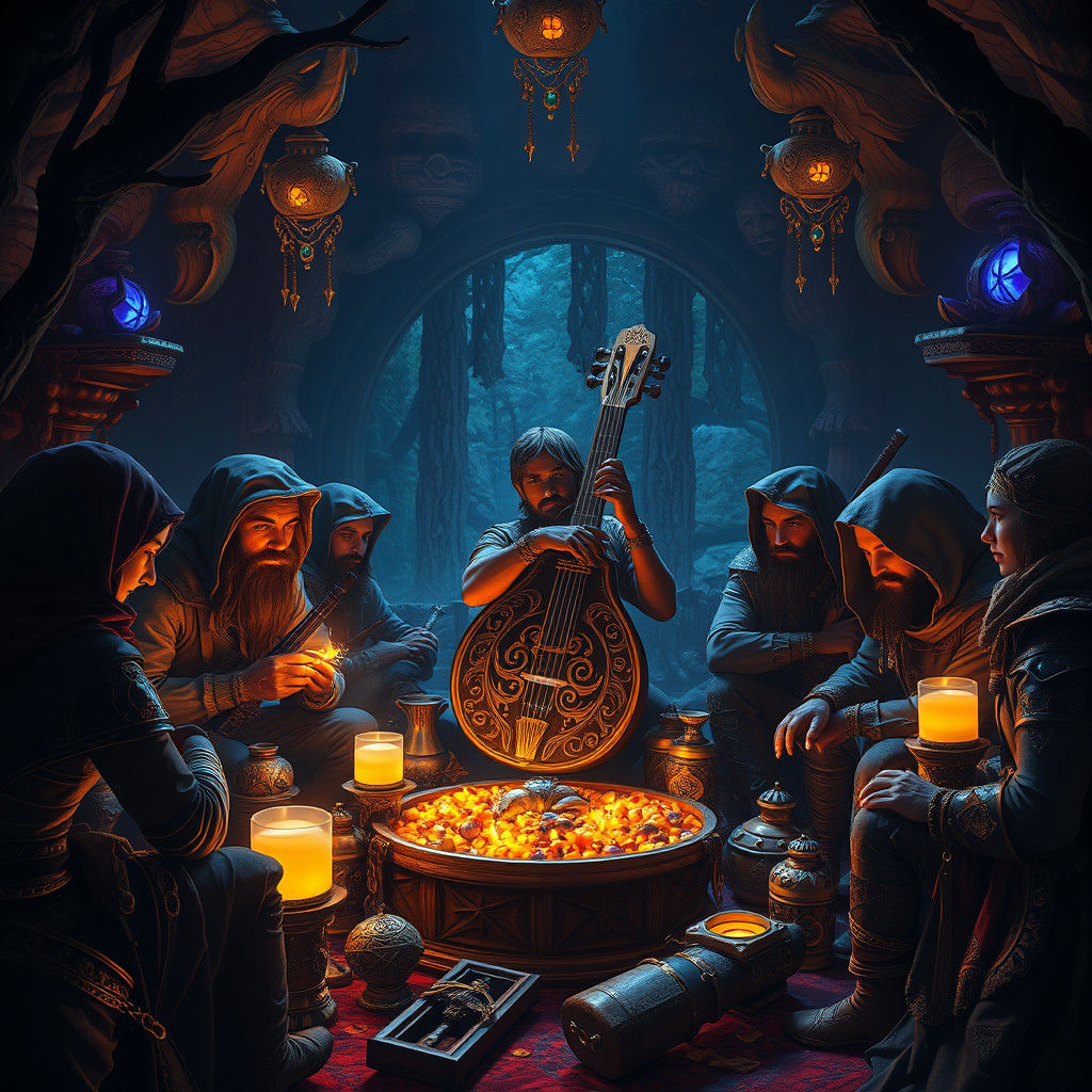 Adventurers and Treasure Hoard with Mystical Lute