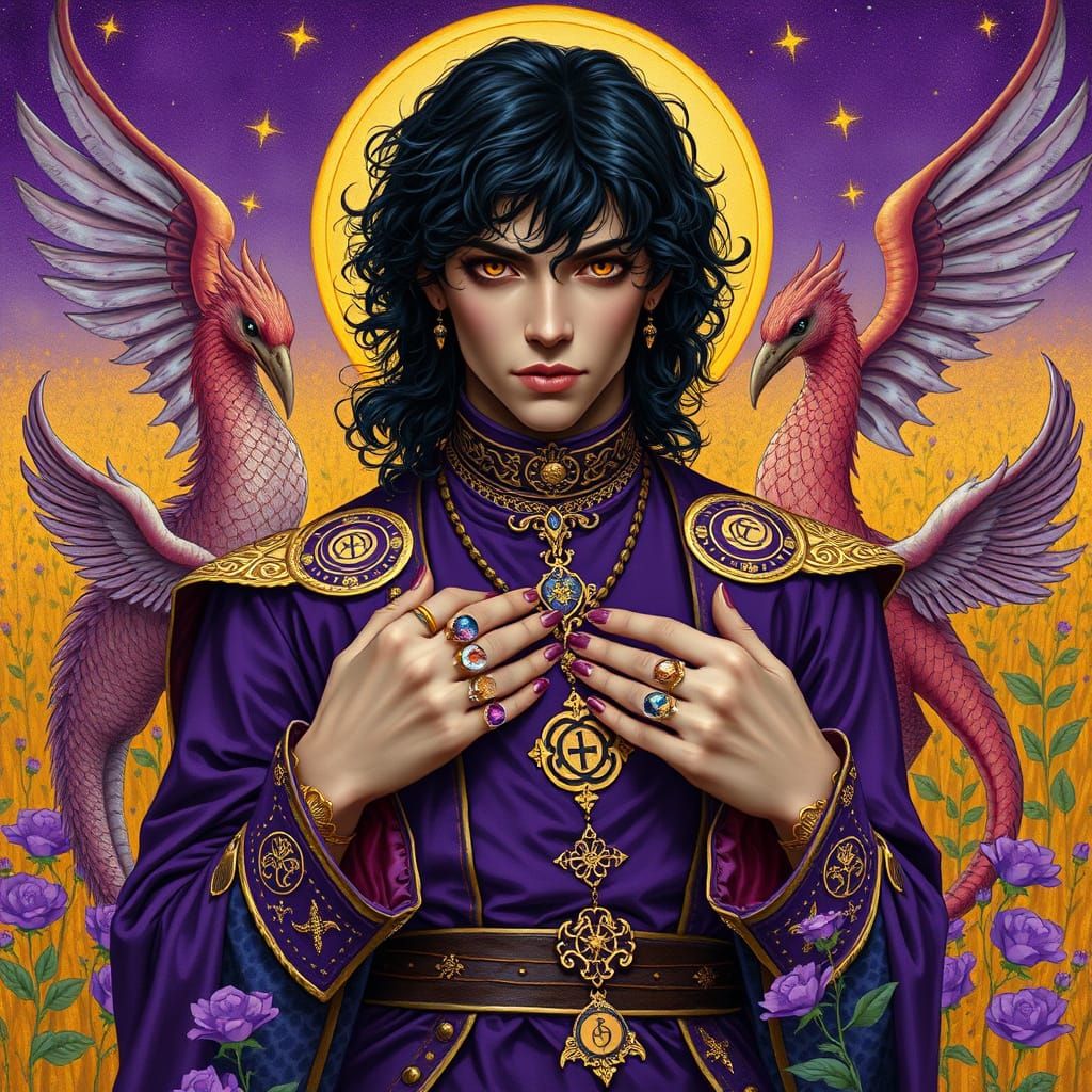 Eternal Prince with Dragon and Phoenix in Pre-Raphaelite Sty...