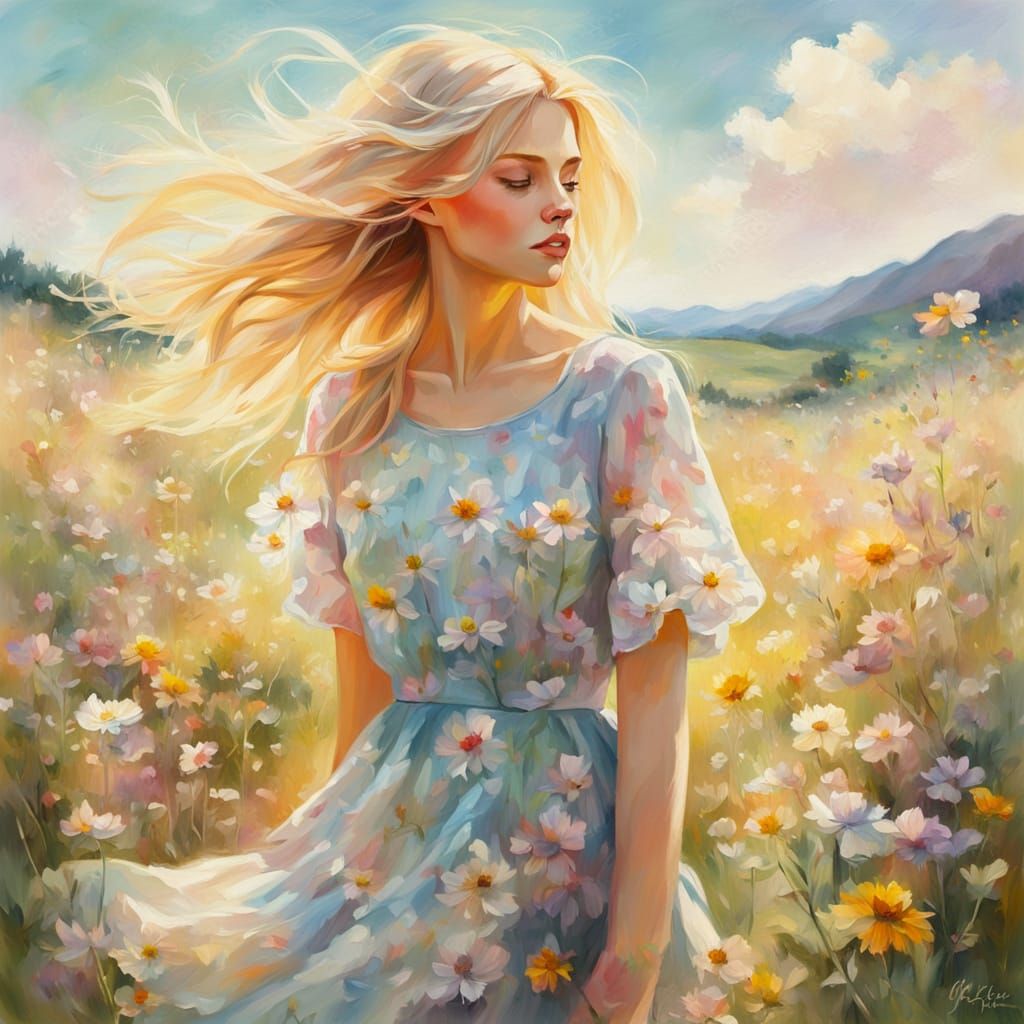 Blonde in Floral Dress: Impressionist Oil Painting