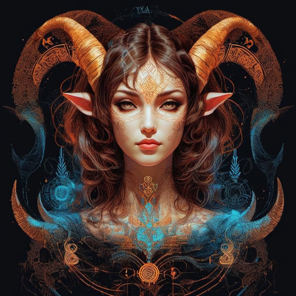 Gothic Runic Wizard with Goat Horns Illustration