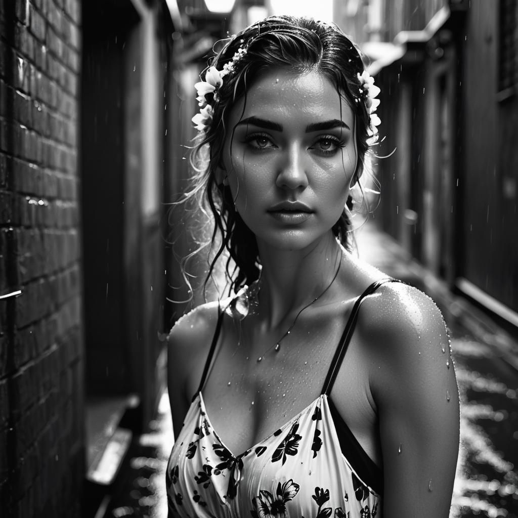 Black and White Portrait in Rainy City Alley