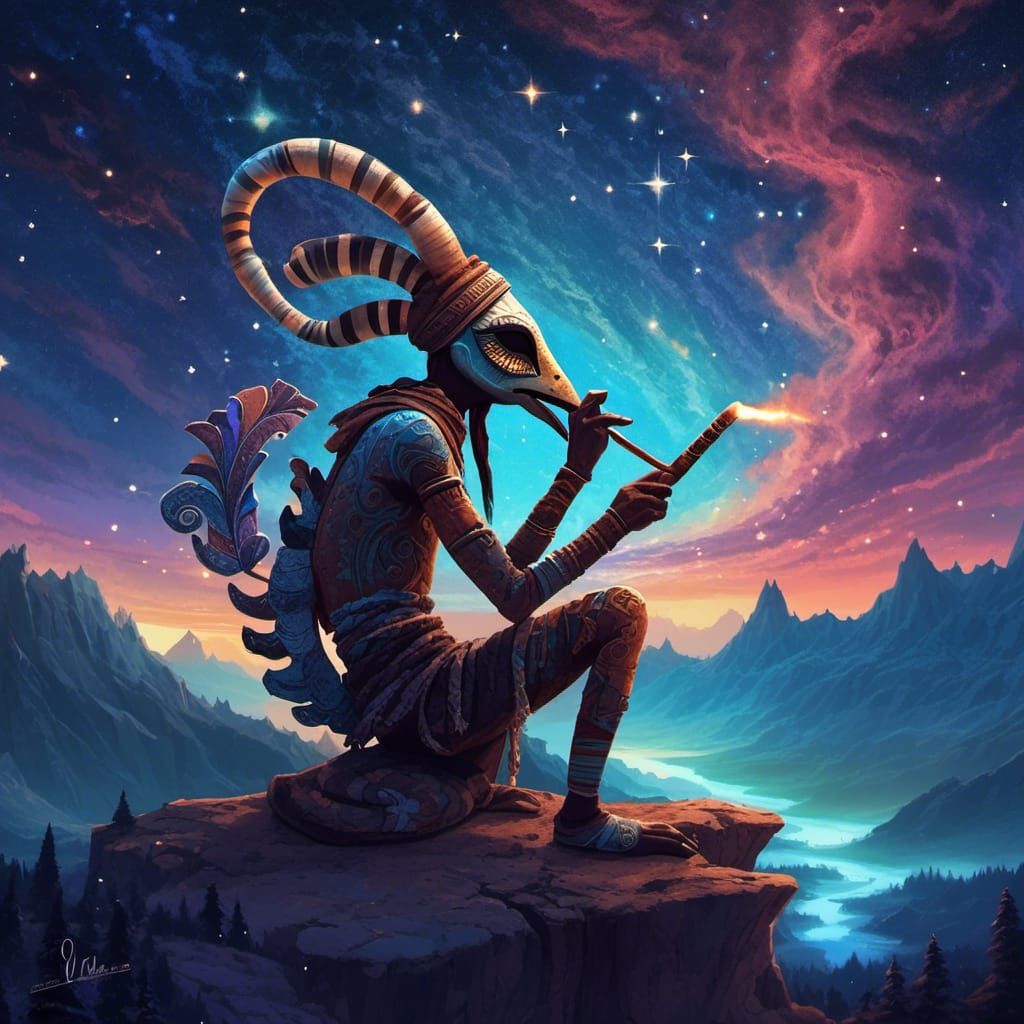 Kokopelli smoking a wizard pipe under the stars,  illustrati...