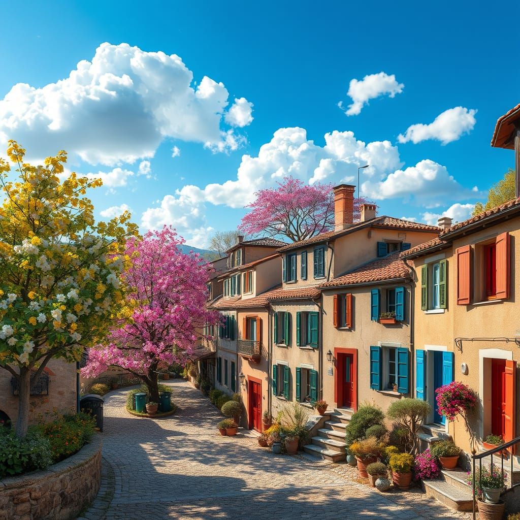 Idyllic Village Scene in Impressionist Style