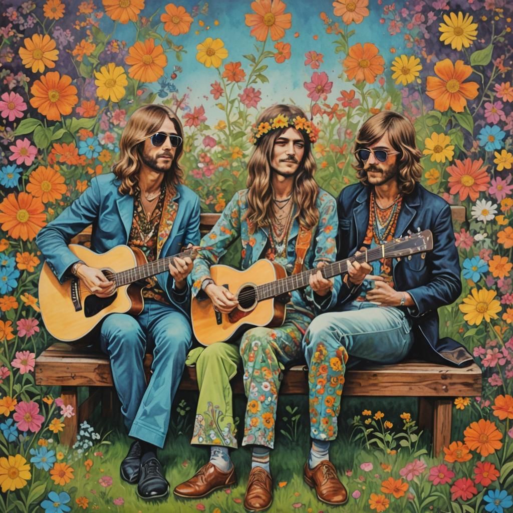 Flower Power Hippies in Ink Painting Style