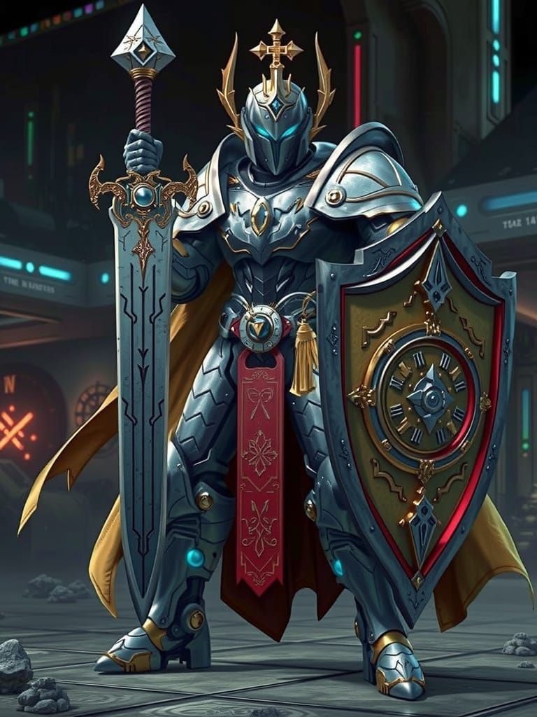 Glowing Knight Mech in Futuristic Armor with Radiant Sword a...