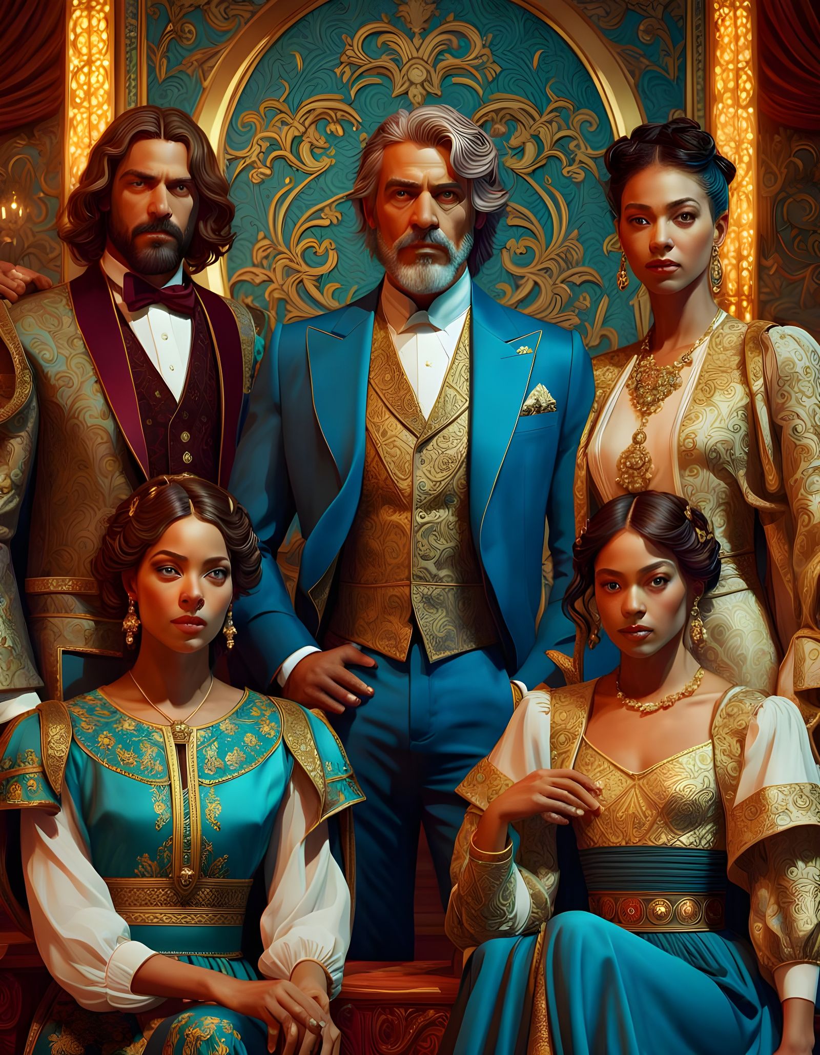 Detailed Portrait of Five People in Art Nouveau Style