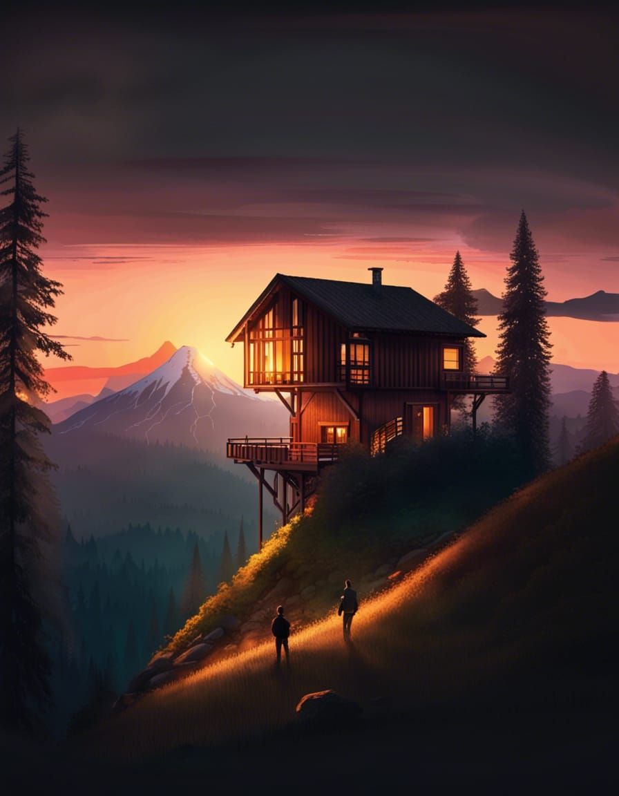 Wooden House Balcony View of Mountain Sunset