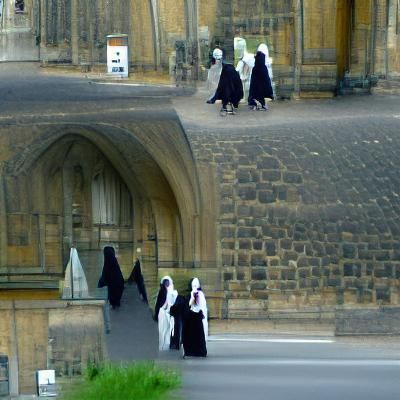 Nuns Walking by Gothic Church