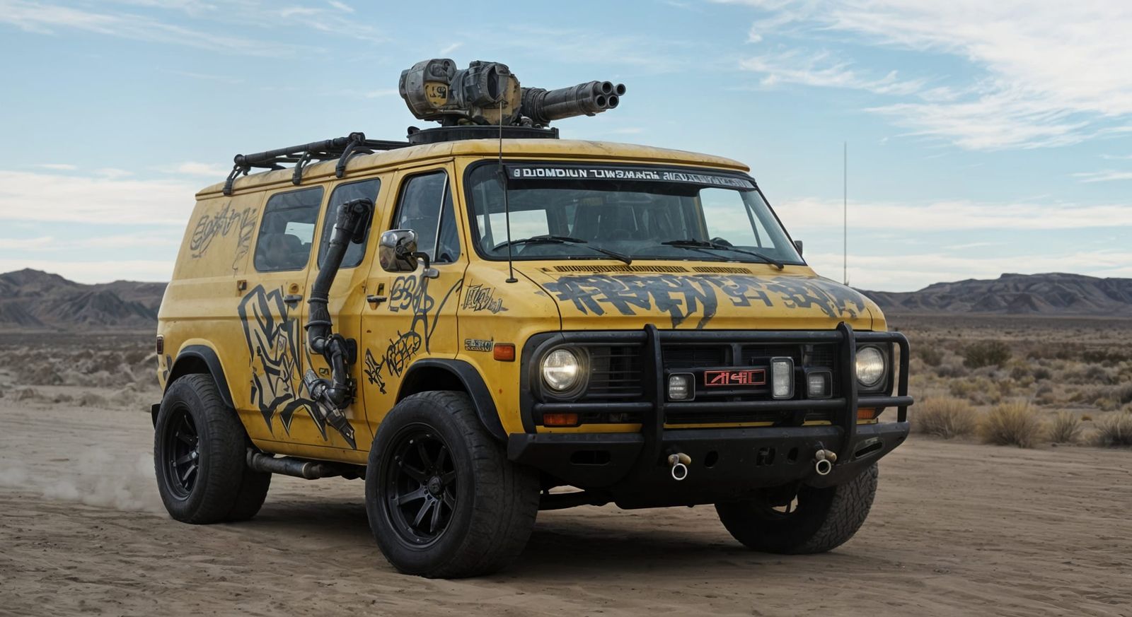 Cyberpunk Armored Van Speeds Through Desert