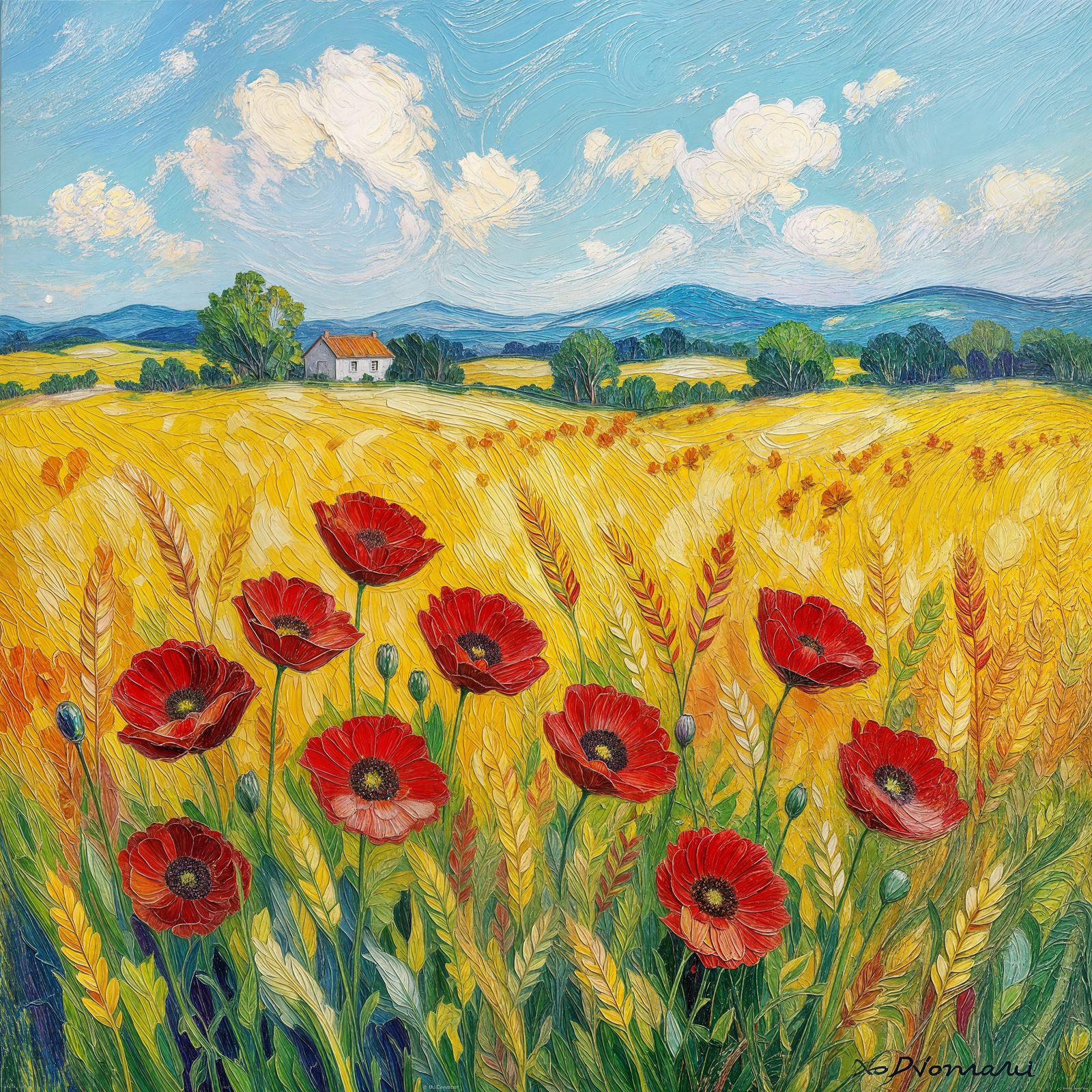 Intense Red Poppies and Wheat Under Summer Sun