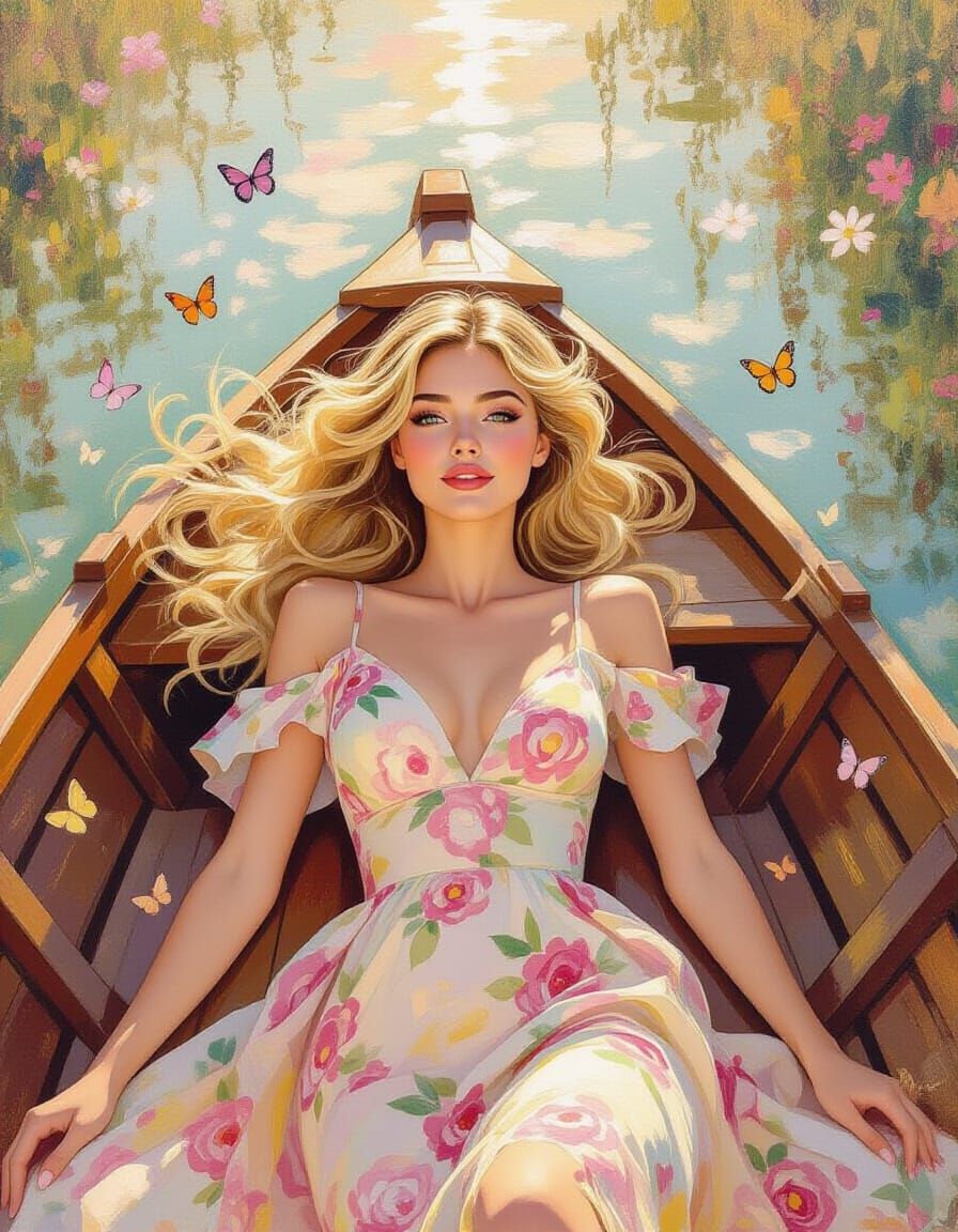 Woman in Floral Dress on Boat in Garden, Impressionistic Sty...