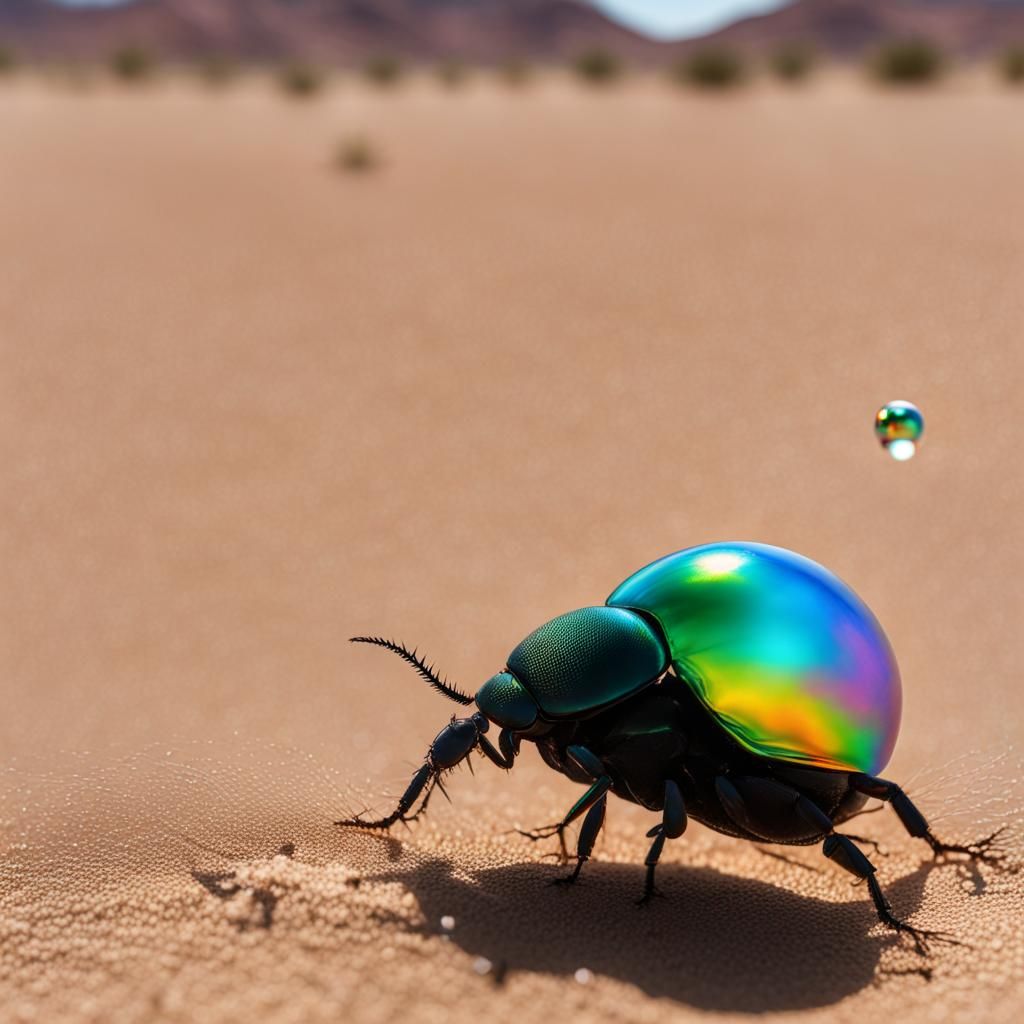 Dung Beetle Pushing Iridescent Bubble in Desert