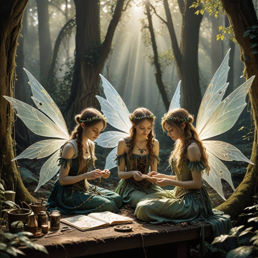 Forest Elves Sewing Fairy Wings Oil Painting