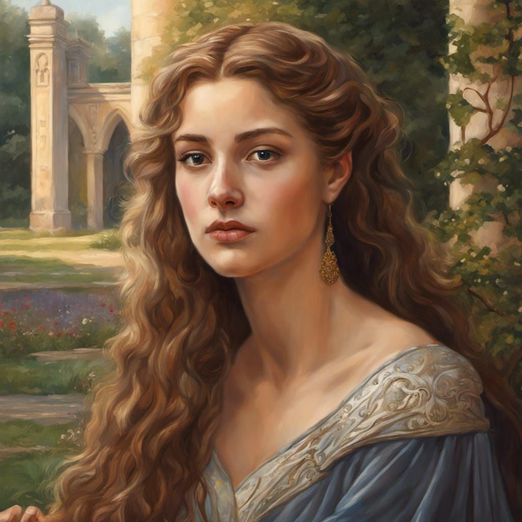 Medieval Princess in Palace Garden, Edmund Leighton Style