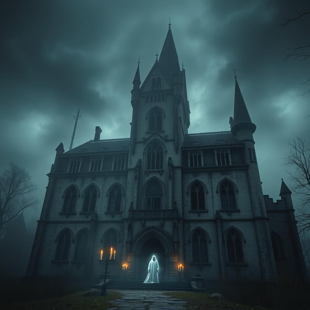 Ethereal Ghost Haunts Gothic Castle in Gloom