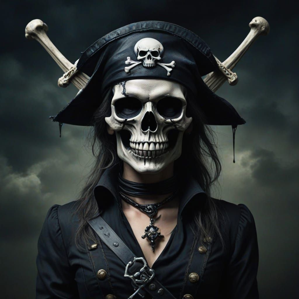 Surreal Jolly Roger Scene with Mysterious Figures