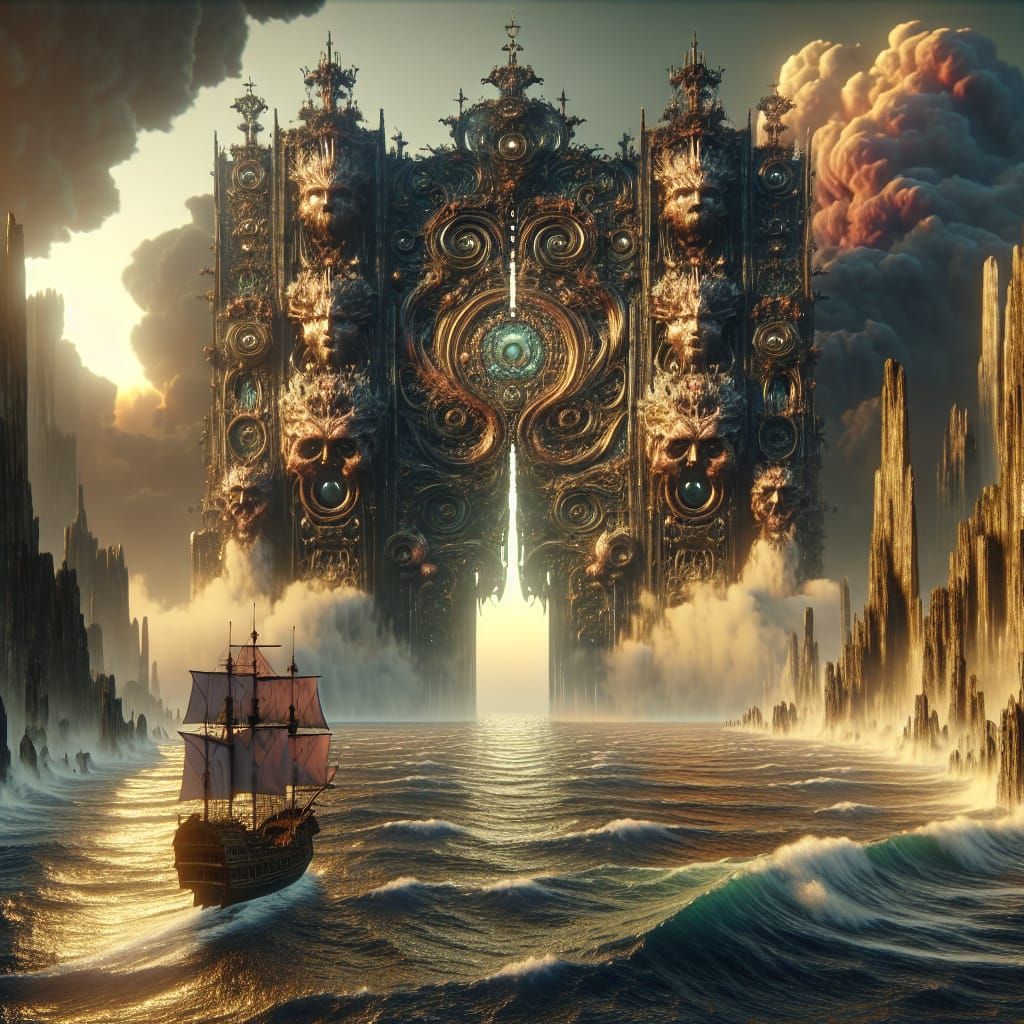 A bokeh 4k resolution hyperrealistic exquisitely ultradetailed image of the old style pirate ship is dwarfed passing thr...