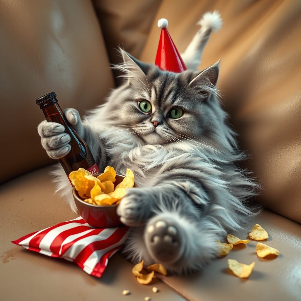 Cat Lounging on Couch with Beer and Chips