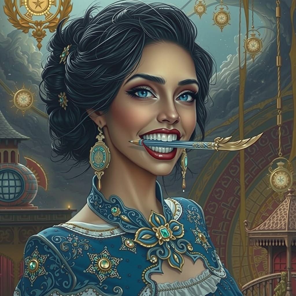 Woman with a Gemstone Pencil Glinting in Her Teeth