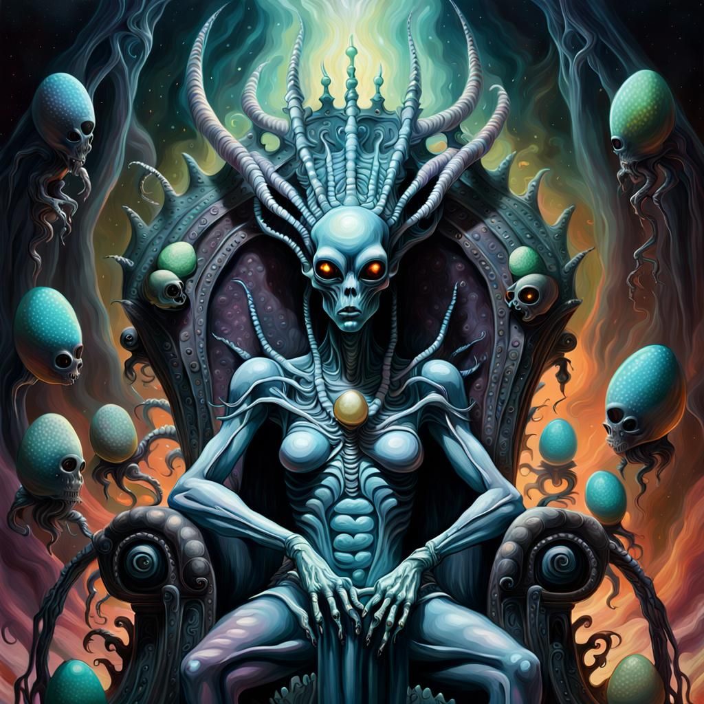 Alien Queen on Throne in Surreal Oil Painting