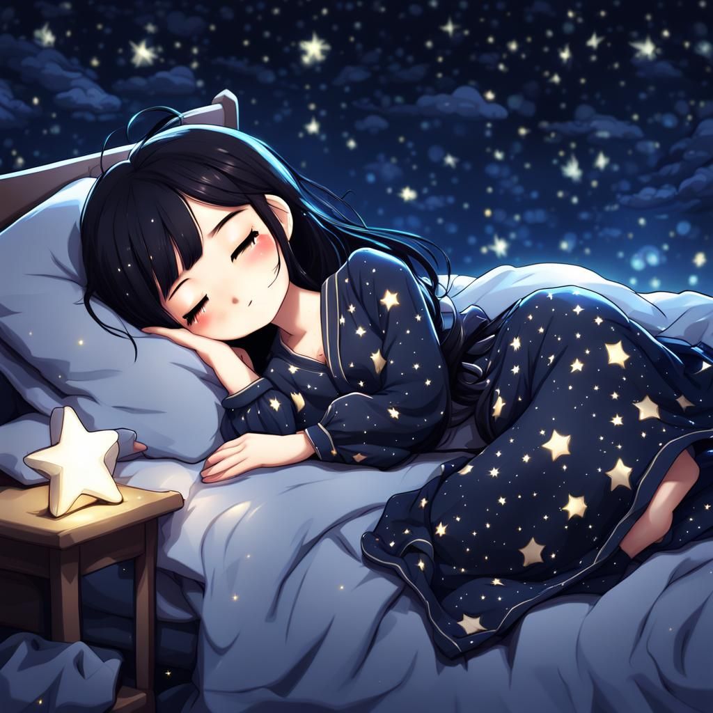 Chibi Girl Sleeping in Starry Night Bed