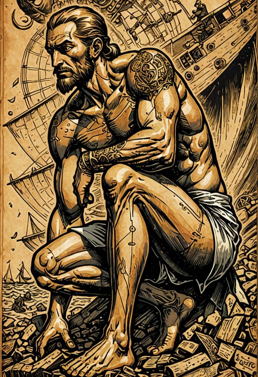 Close-Up of a Tattooed Sailor in a Loincloth, Amidst Shipwre...