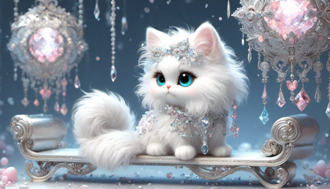 <lora:Ultra Cute:1.0> adorable fluffy white chibi cat sitting on a silver bench,diamond crystal,sparkle glimmer