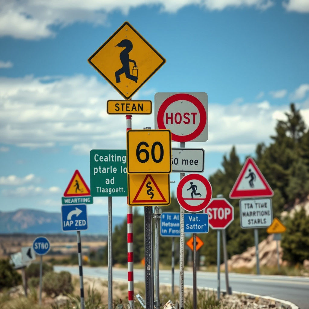 Humorous Road Signs in Picturesque Landscapes