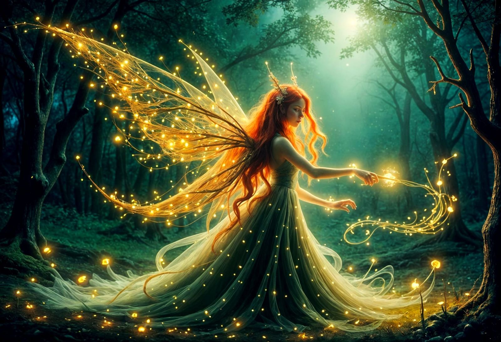 Luminous Redhead Fairy Conjuring Magic in Ancient Forest