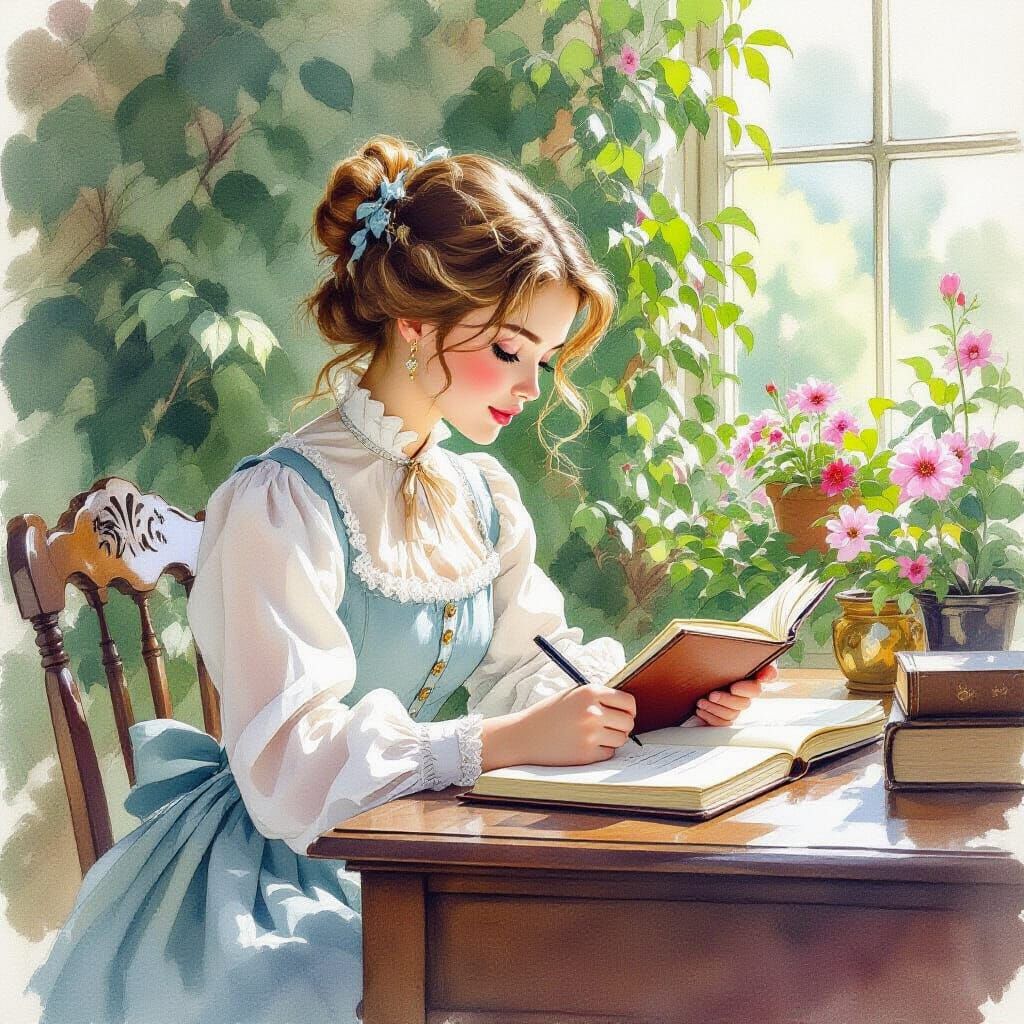 Girl Writing in Journal, Whimsical Watercolor Art