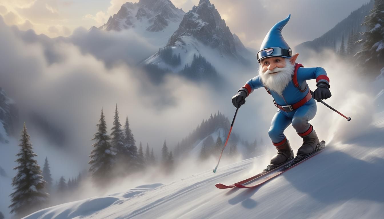 Gnome Skier Speeding Downhill in Digital Painting