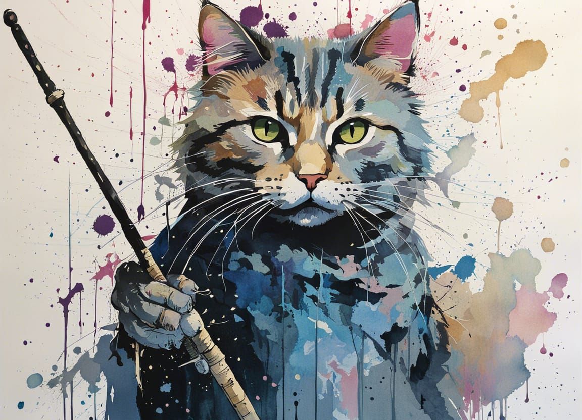 Magical Cat with Wand in Watercolor Style