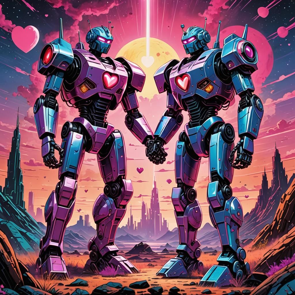 Giant Robots Kissing in a Retro Comic Book