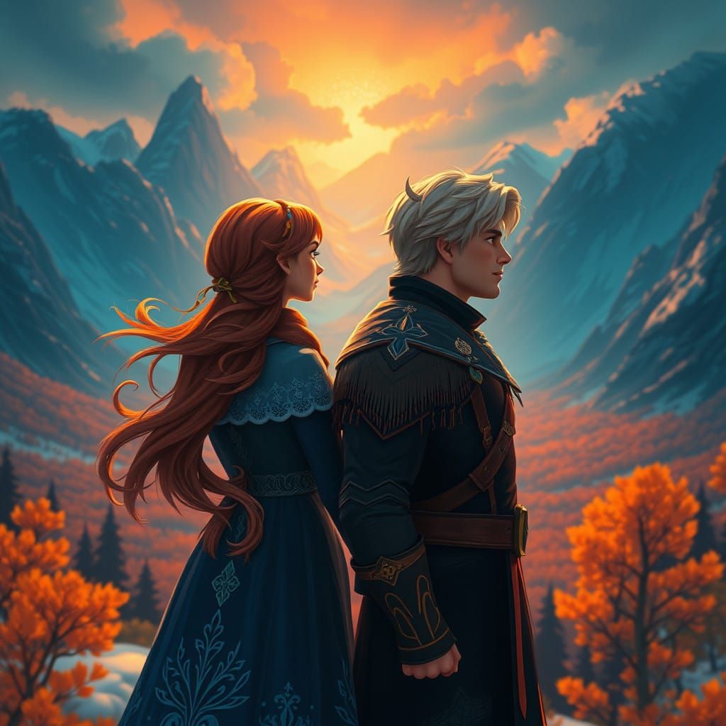 Anna and Kristoff in Vibrant, Dreamlike Arendelle Landscape