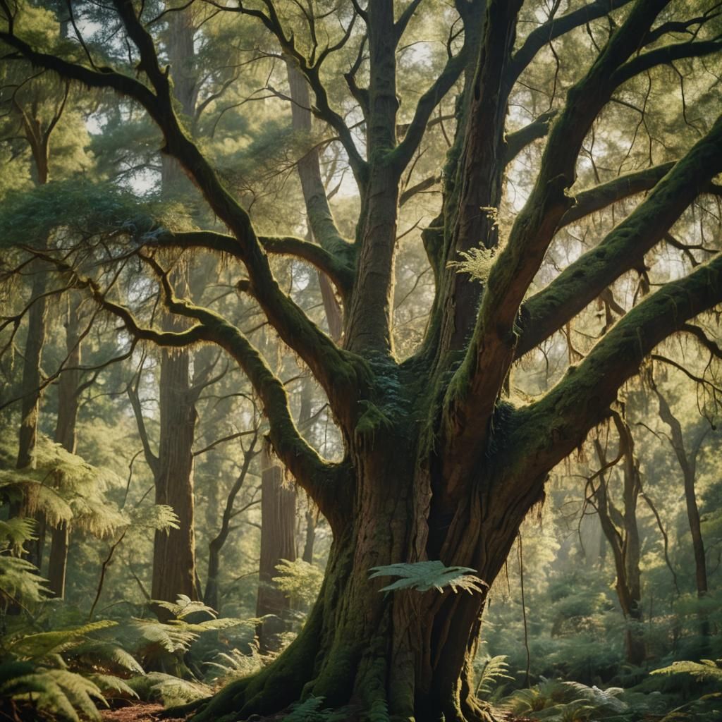 Sunlit Forest: Majestic Ancient Tree in Impressionistic Styl...