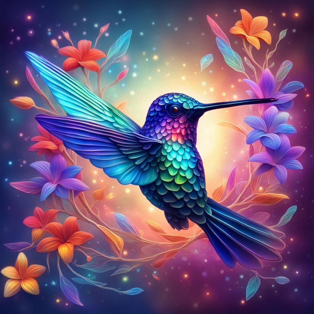 Glass Hummingbird with Crystal Flower: Iridescent Art