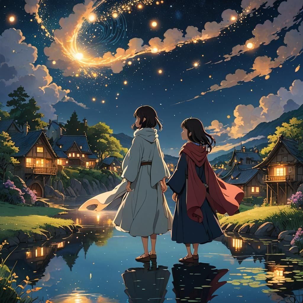 Starry Night in Zaffre Hues: Studio Ghibli Style