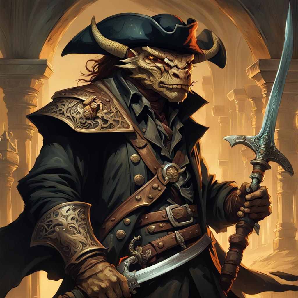 Dragonborn Pirate in Black Coat: Dark Fantasy Art