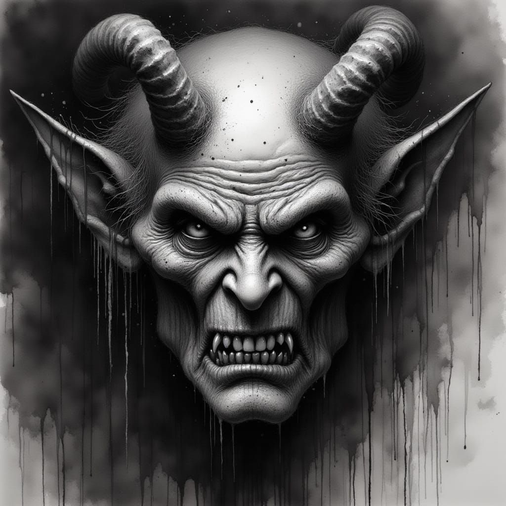 Wrinkled Devil Woman in Charcoal Drawing Style