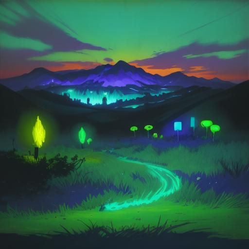 concept art synthetism landscape glowing neon faience lowbro...