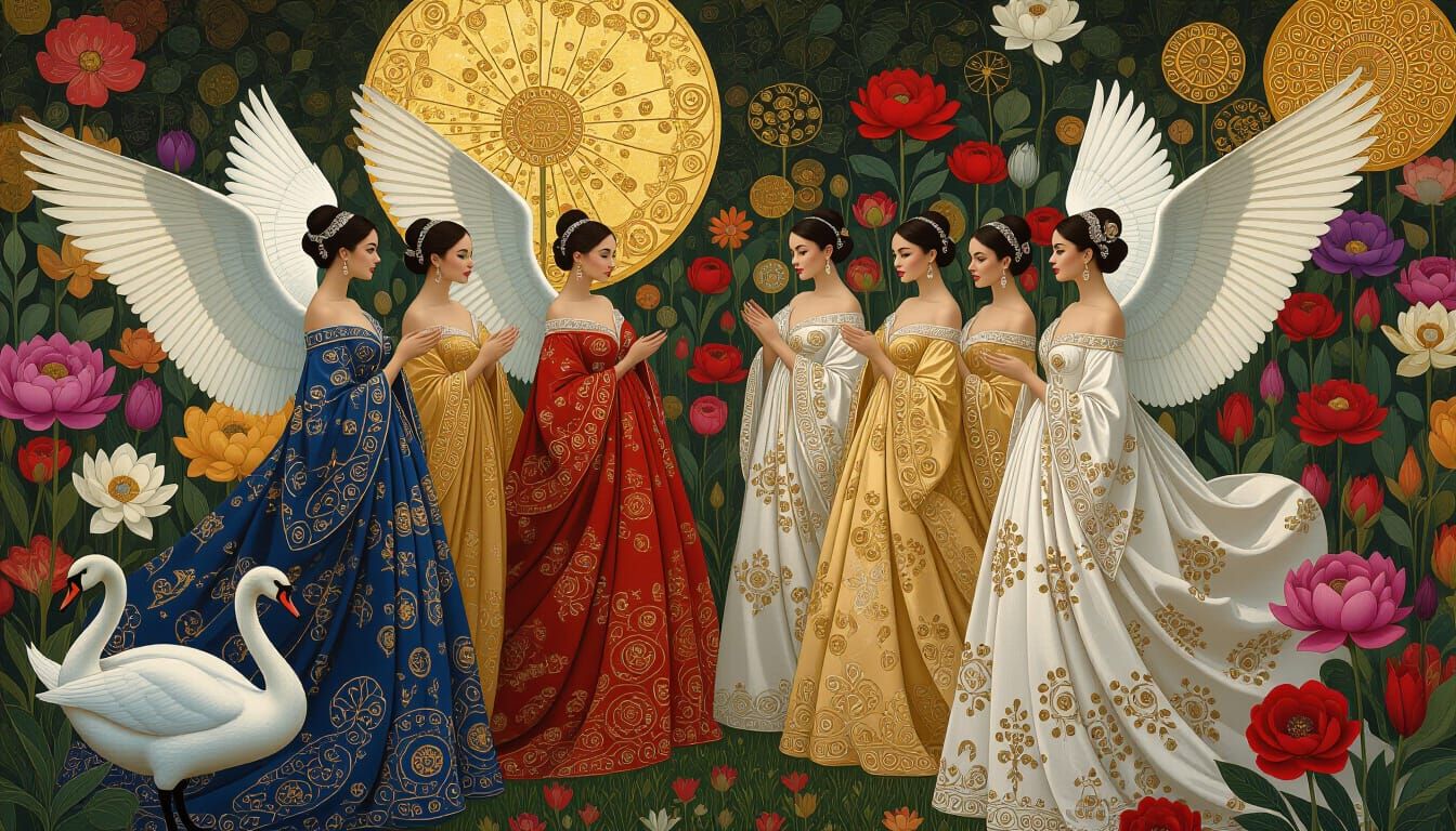 Ethereal Women with Swan Wings in Surreal Garden