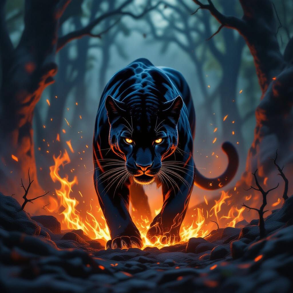 Panther Reborn from Ashes in Fiery Fantasy Art