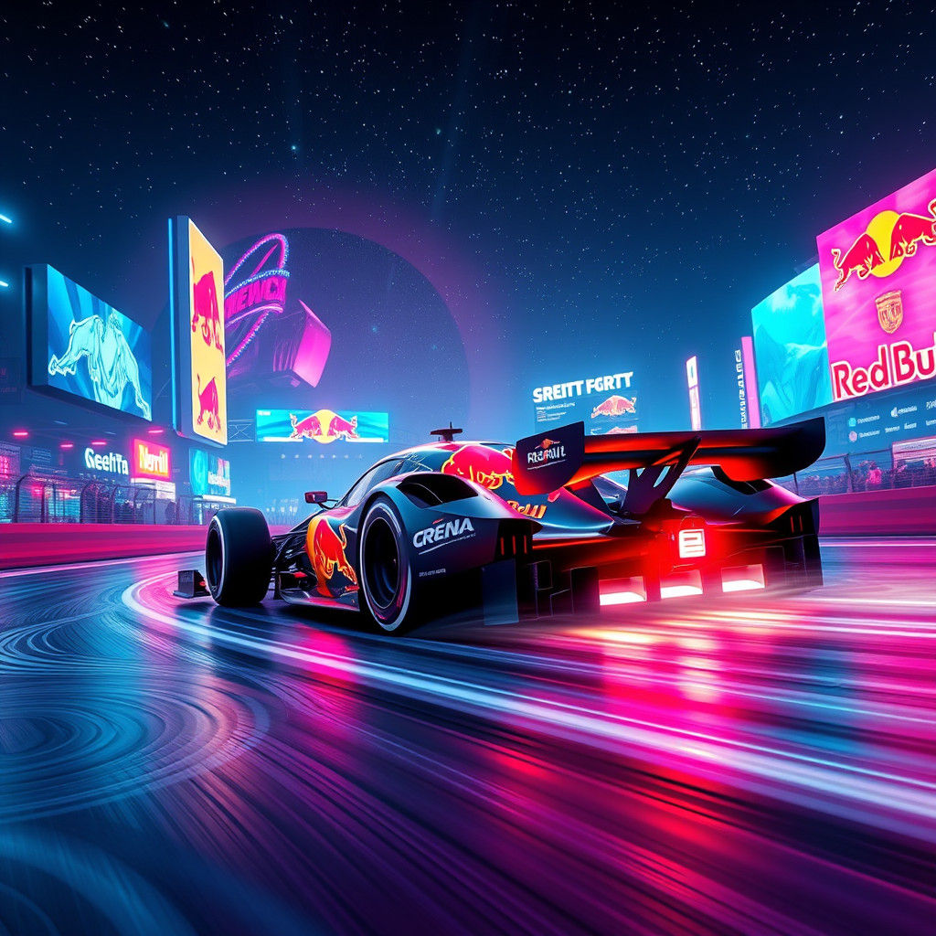 Cyberpunk Red Bull Racing Car on Futuristic Track