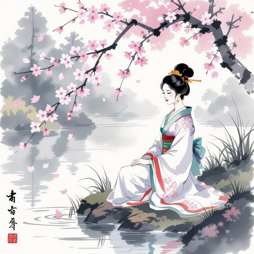 Regal Queen in Serene Sumi-e Style by Tranquil Pond